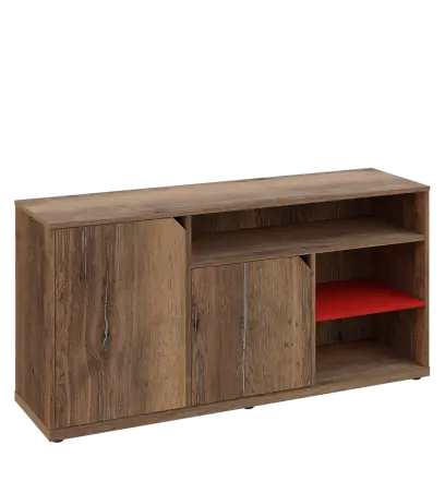 KU2-15DN3 L skříňka nízká 2-dveřová, nika, 740x1522x400, provedení levé, korpus a dvířka dub halifax cínový/police červená